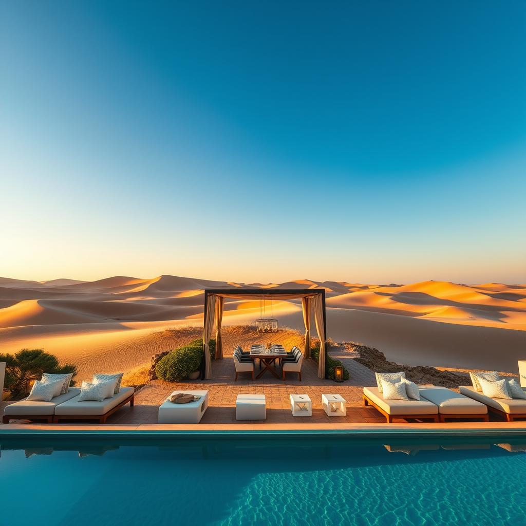 A stunning luxury desert resort in France, set against vast golden sand dunes under a clear blue sky. In the foreground, an elegantly designed infinity pool reflects the sun, with plush loungers adorned with soft white cushions. The middle ground features a beautifully curated outdoor dining area with a modern canopy, surrounded by lush desert flora and ambient lanterns casting a warm glow. In the background, majestic dunes stretch towards the horizon, where the sun begins to set, creating a breathtaking gradient of orange and pink hues. The scene is tranquil and inviting, evoking a sense of serenity and indulgence, captured in soft, golden hour lighting with a wide-angle lens to enhance the expansive desert vista.