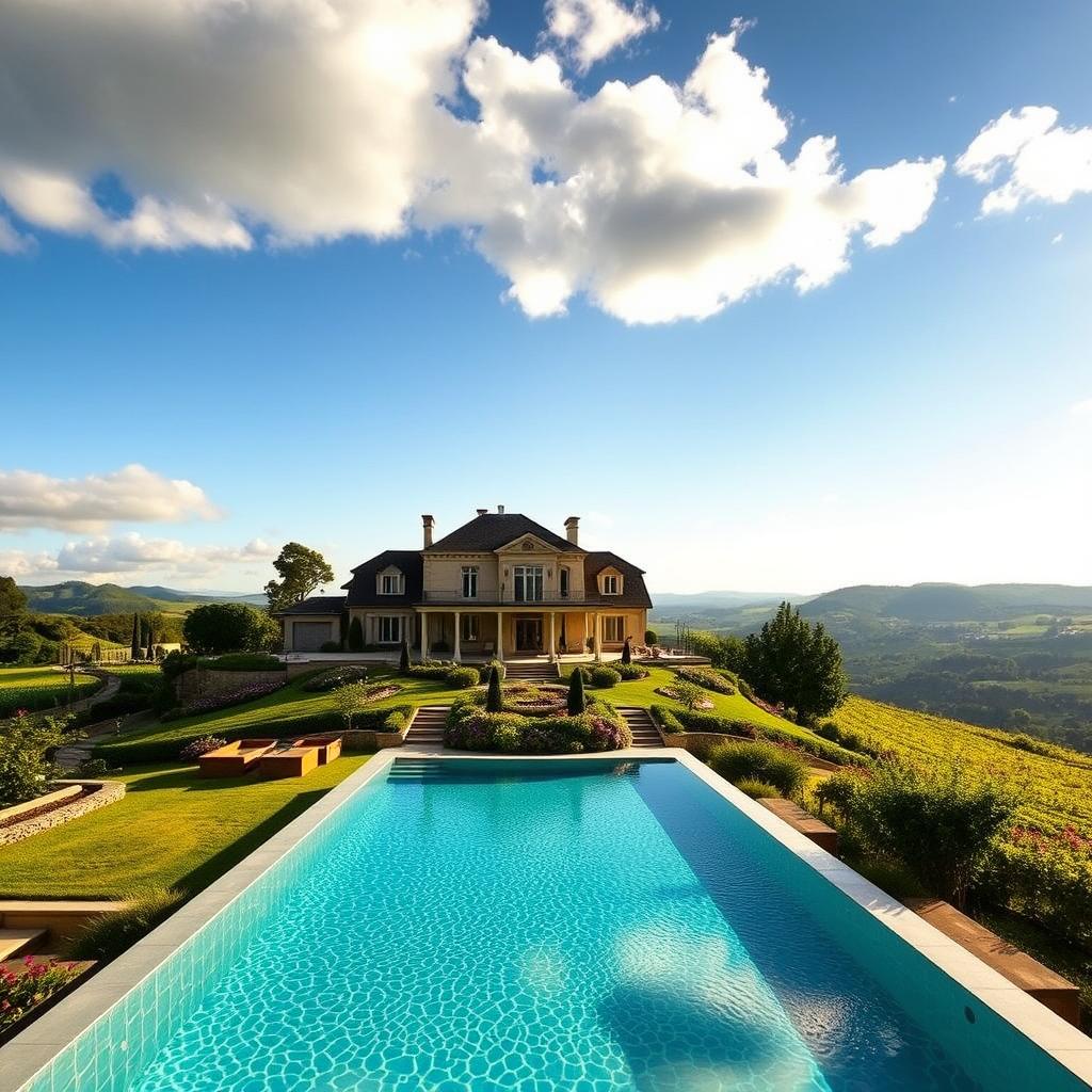 A stunning luxury private villa in the French countryside, surrounded by lush vineyards and colorful flower gardens. In the foreground, a beautifully designed infinity pool reflects the sunlight, inviting relaxation. The middle ground features the villa with elegant architecture, blending traditional French style with modern comforts, adorned with large windows and a charming terrace. In the background, rolling hills stretch under a clear blue sky with soft, fluffy clouds, enhancing the serene atmosphere. The lighting is warm and golden, suggesting late afternoon, casting inviting shadows. The mood is tranquil and opulent, perfect for showcasing the essence of exquisite living in private spaces.