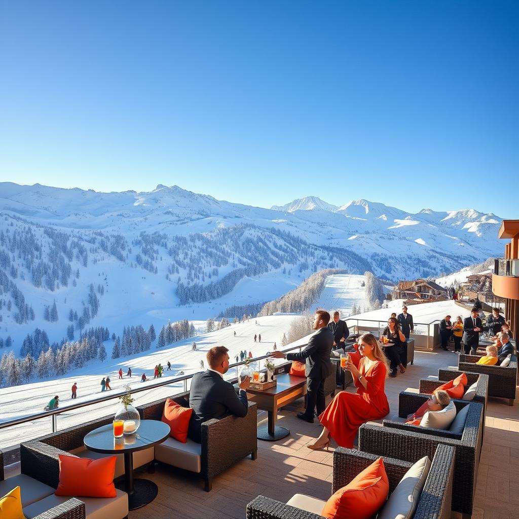 A stunning luxury ski resort scene set in the French Alps during a bright, sunny day. In the foreground, elegantly dressed couples enjoy hot drinks on a beautifully arranged outdoor terrace, surrounded by plush seating and vibrant lounge cushions. The middle ground features a perfectly groomed ski slope, with skiers gracefully gliding down while others take lessons with professional instructors. In the background, majestic snow-capped mountain peaks rise against a clear blue sky, basking in soft, warm sunlight that creates a serene atmosphere. The overall mood is inviting and upscale, showcasing the luxury and allure of high-end skiing experiences. Capture this scene with a wide-angle lens perspective to emphasize the grandeur of the landscape and the resort's sophisticated ambiance.