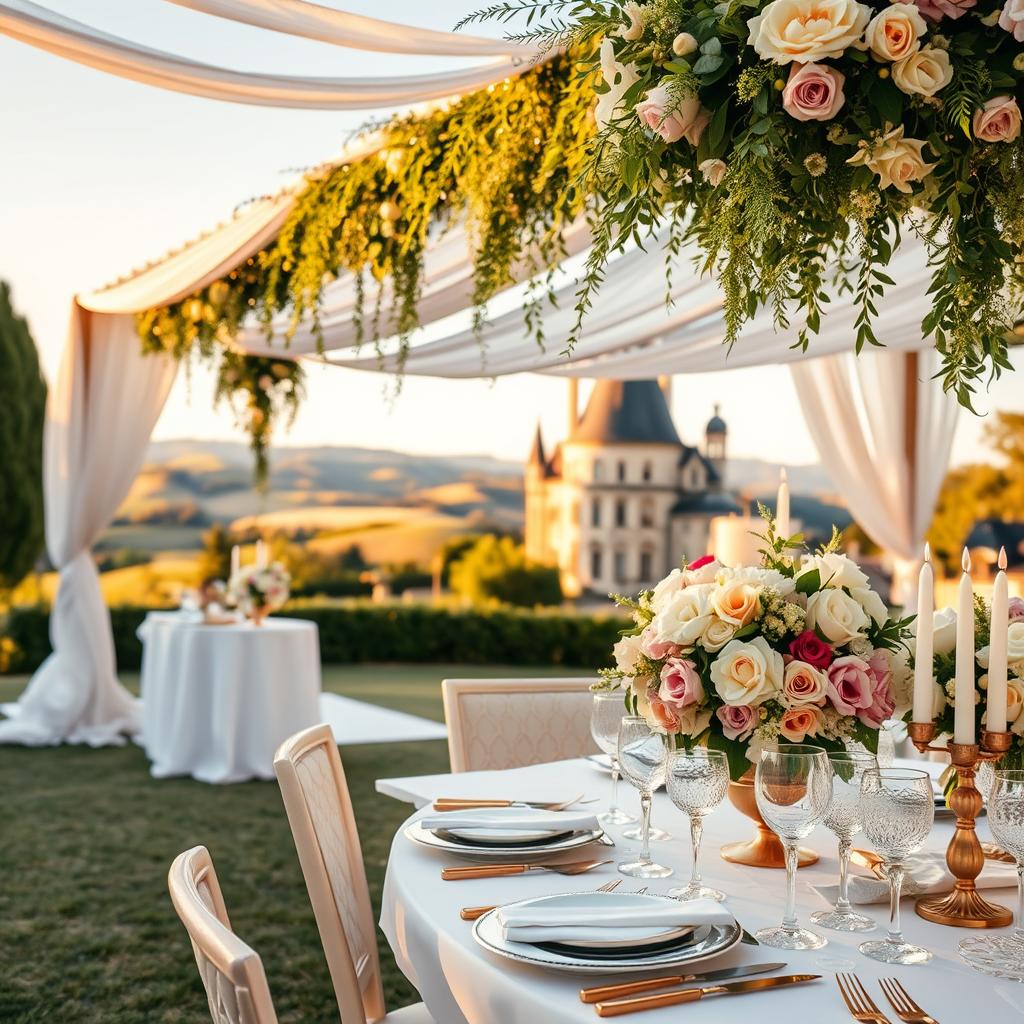 A stunning outdoor wedding venue in France, featuring an elegantly decorated table with luxurious floral arrangements in soft pastels. In the foreground, the table is set with fine china, crystal glassware, and golden cutlery, radiating opulence. The middle ground showcases an enchanting canopy draped with delicate white fabric, adorned with cascading greenery and twinkling fairy lights. In the background, picturesque rolling hills and a classic French chateau are bathed in warm, golden hour sunlight, enhancing the romantic atmosphere. The image captures a serene and inviting ambiance, ideal for a luxury destination wedding. Use a soft focus effect to create a dreamy quality, and ensure the composition has a slight tilt-down angle to emphasize the lavish details at the table.