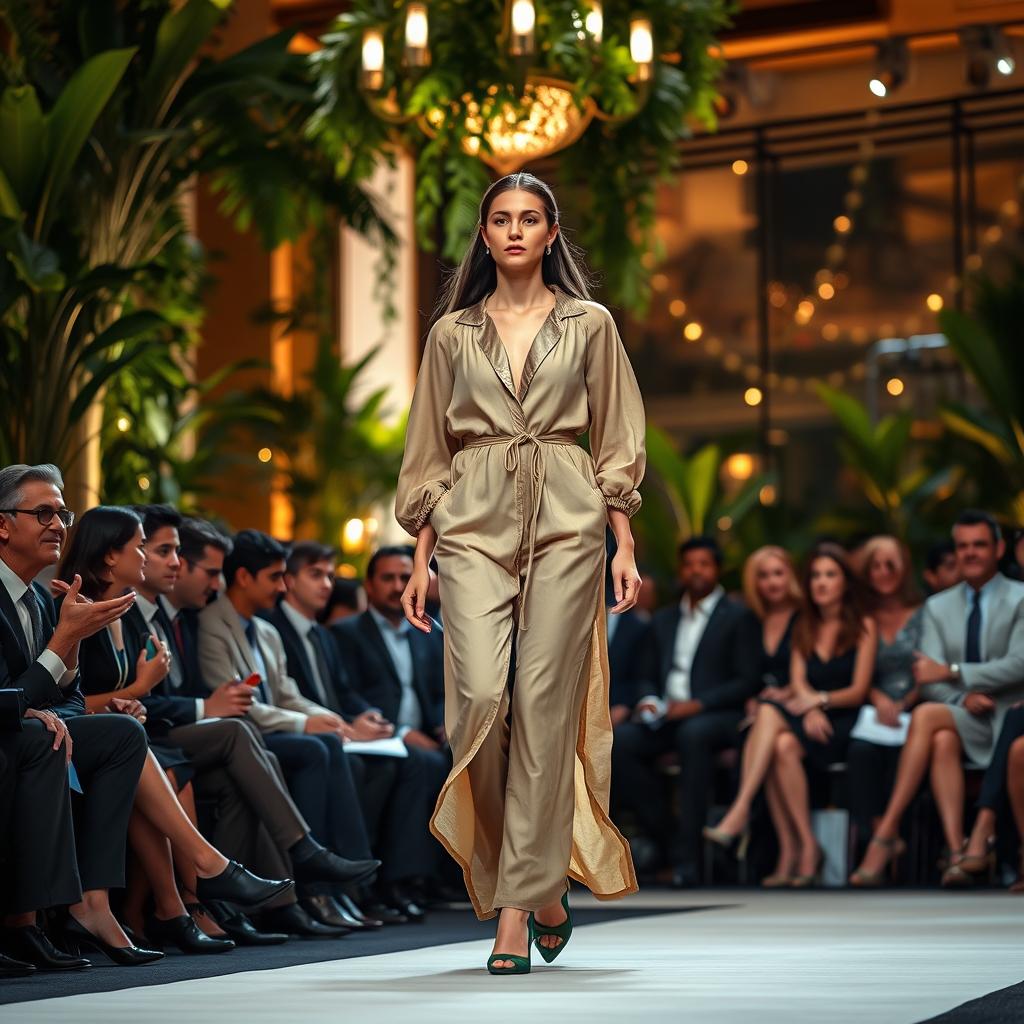 A stunning scene of exclusive fashion spectacles showcasing sustainable designs at a luxury fashion show. In the foreground, a model walks confidently down the runway, dressed in an elegant, eco-friendly outfit made from organic fabrics, reflecting innovative design with intricate details. The middle ground features an audience of stylishly dressed attendees in professional attire, captivated by the spectacle, while the backdrop reveals an opulent venue adorned with lush greenery and ambient lighting. Soft, warm lights accentuate the textures and colors of the garments, creating an inviting atmosphere. Capture the elegance and sophistication of the moment with a slightly high-angle perspective that emphasizes both the model and the lavish setting, evoking a sense of luxury and environmental consciousness.