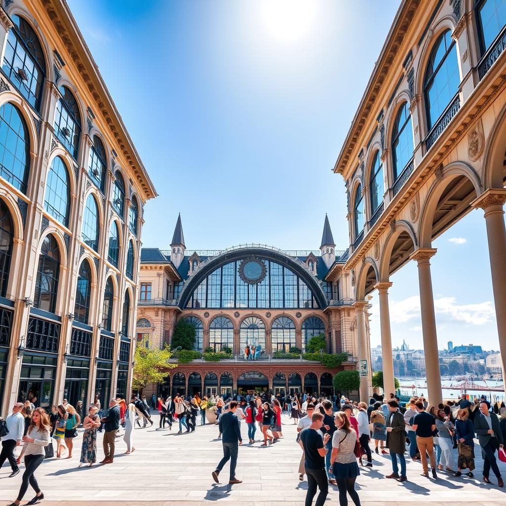 A stunning view of Les Halles de Lyon, showcasing its architectural reinvention, with elegant glass and steel structures reflecting contemporary design blended with historical elements. In the foreground, a bustling public plaza with diverse groups of people dressed in smart casual clothing, engaging in conversation and enjoying the atmosphere. The middle ground features the iconic arches and intricate detailing of the market's facade, adorned with lush greenery and contemporary art installations. In the background, the skyline of Lyon can be seen under a clear blue sky, with soft sunlight illuminating the scene. The composition captures a lively yet peaceful mood, emphasizing the harmony between modernity and heritage, viewed from a low angle to enhance the grandeur of the architecture.