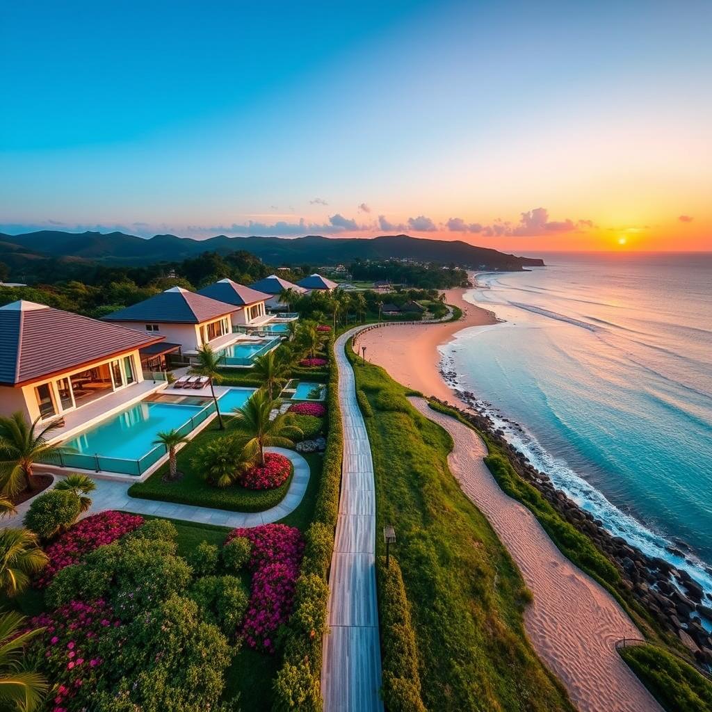 A stunning view of a collection of luxurious villas on a picturesque island, set against a backdrop of lush greenery and a vivid blue ocean. In the foreground, elegant villas feature large glass windows and private infinity pools, surrounded by beautifully landscaped gardens filled with tropical flowers. In the middle ground, a pathway lined with soft golden sand leads to a serene beach, where gentle waves lap against the shore. The background showcases rolling hills and a vibrant sunset casting warm hues across the sky, creating a tranquil atmosphere. The overall mood is one of peaceful elegance, inviting relaxation and rejuvenation. The scene is perfectly lit with soft golden hour lighting, captured with a wide-angle lens to emphasize the grandeur of the villas and the beauty of the island setting.
