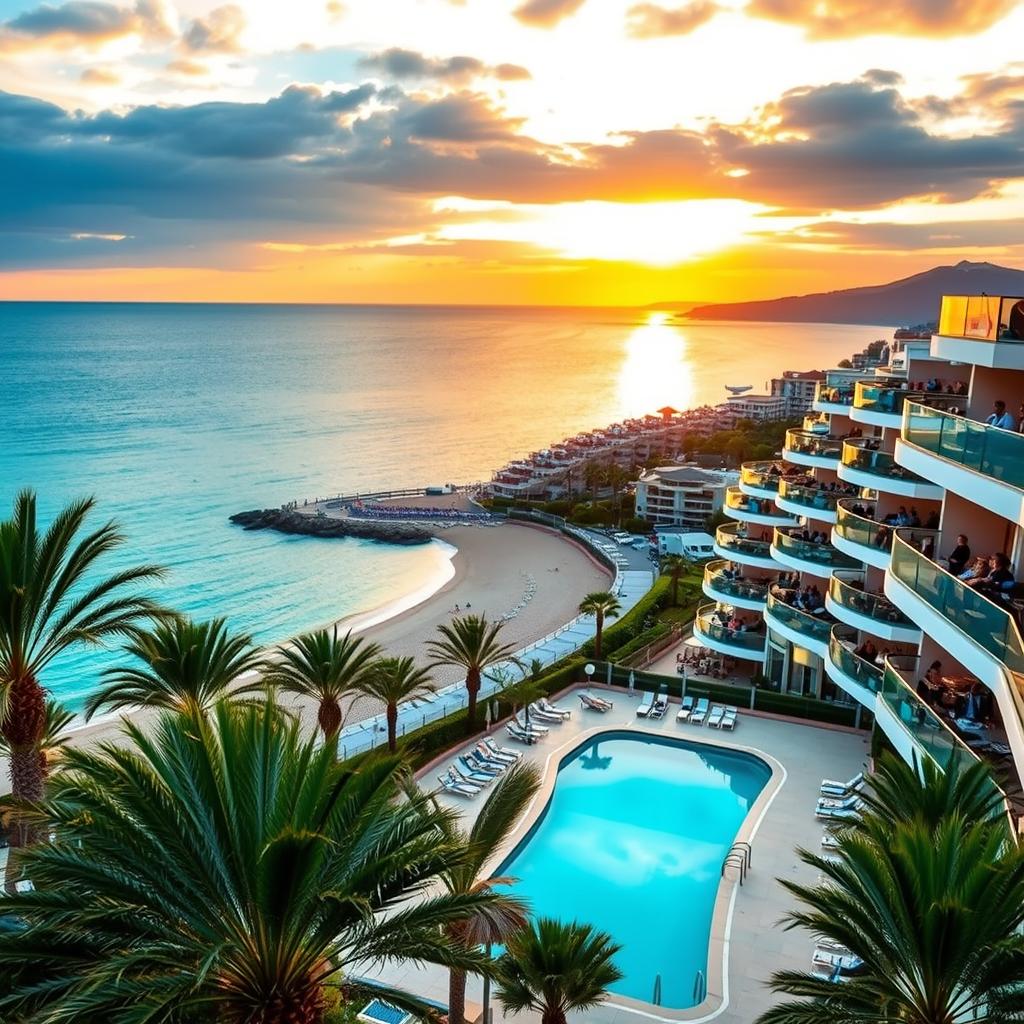 A stunning view of luxury beachfront hotels on the Côte d'Azur under a golden sunset. In the foreground, elegant palm trees and well-manicured gardens surround a lavish swimming pool, reflecting the vibrant colors of the sky. In the middle ground, spacious balconies of modern hotel rooms showcase guests in smart casual attire enjoying the scenic water views. The background features a serene turquoise sea gently lapping against the sandy shore, with the scenic coastline dotted with luxurious resorts. Soft, warm lighting bathes the scene, creating an inviting and tranquil atmosphere. The focus is on the exquisite architecture of the hotels, emphasizing a blend of contemporary elegance and Mediterranean charm, shot with a wide-angle lens at dusk to capture the expansive beauty of this upscale destination.