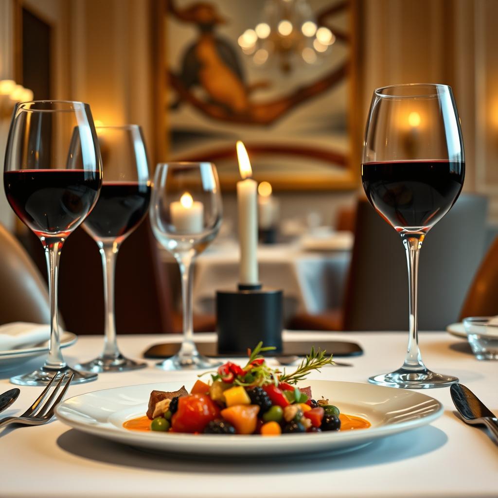 A sumptuous display of refined dining, featuring an elegantly set table with luxurious tableware. In the foreground, a beautifully plated gourmet dish, artistically arranged, showcasing vibrant colors and delicate garnishes. The middle layer includes crystal wine glasses filled with deep red wine, sparkling cutlery, and a flickering candle casting a warm glow. In the background, a tastefully decorated dining room with soft lighting and rich textures, hinting at an immersive culinary experience. The atmosphere is sophisticated and inviting, evoking a sense of luxury and indulgence. The scene is captured with a shallow depth of field to emphasize the exquisite details of the dish and table setting, all while maintaining a balanced and harmonious composition.