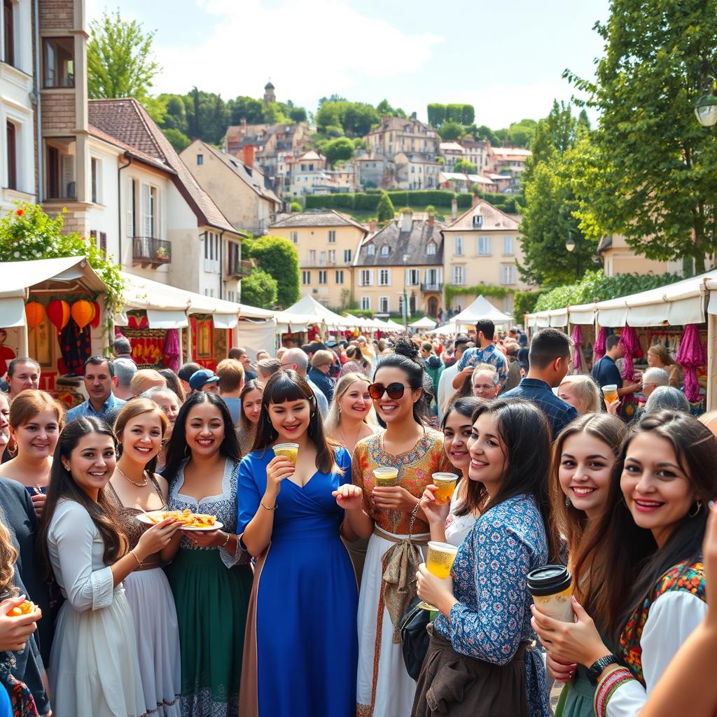 A vibrant French cultural festival scene, showcasing diverse attendees dressed in elegant, modest attire. In the foreground, a joyful group shares traditional foods and drinks, each person exuding excitement and cultural pride. The middle ground features elaborate stalls displaying handmade crafts, vibrant decorations, and local performers dressed in ornate costumes, engaging the crowd with music and dance. The background reveals a picturesque French village, with charming architecture and lush greenery under a bright, sunny sky. Soft, warm lighting creates a festive atmosphere, highlighting the richness of the cultural immersion experience. Use a wide-angle lens to capture the lively energy of the festival and convey a sense of community and joyous celebration.