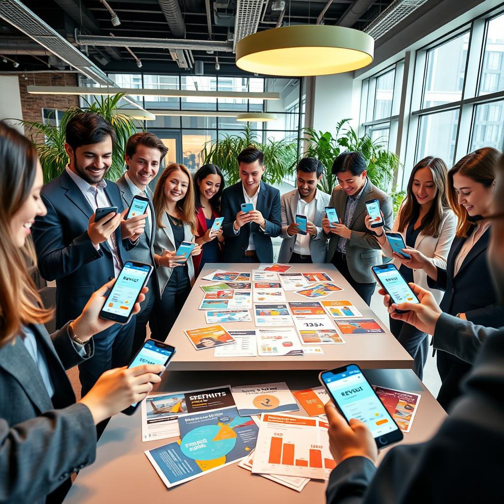 A vibrant and modern digital banking scene showcasing various promotions from Revolut. In the foreground, a diverse group of young professionals in business attire are excitedly interacting with mobile devices displaying the Revolut app, highlighting enticing offers and promotions. The middle ground features a sleek table strewn with promotional flyers and digital screens displaying colorful charts and graphics related to financial benefits. The background captures a contemporary office space with large windows, natural light streaming in, and greenery for a fresh atmosphere. The overall mood is energetic and innovative, reflecting the revolutionary essence of a digital bank. The angle should be dynamic, perhaps slightly low, to emphasize enthusiasm and engagement, all while maintaining a polished and professional aesthetic.