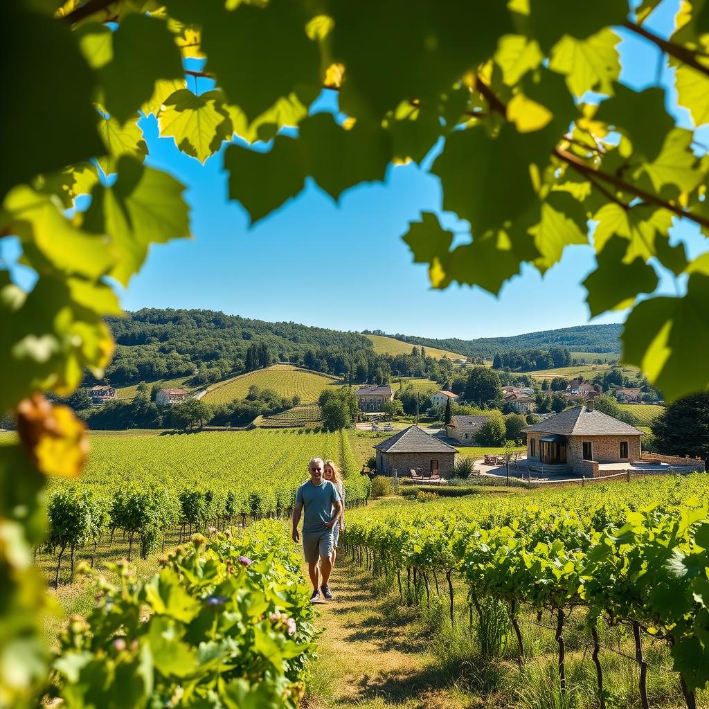 A vibrant landscape of France showcasing luxurious eco-adventures. In the foreground, a couple in modest casual clothing is exploring a lush vineyard, amazed by the sprawling rows of grapes under a bright blue sky. The middle ground features a rustic eco-lodge built from natural materials, surrounded by wildflowers and sustainable gardens. In the background, rolling hills lead to a picturesque village with charming stone houses nestled among green trees. Soft, warm sunlight filters through the leaves, casting dappled shadows, creating a serene, inviting atmosphere. The scene evokes tranquility and a deep connection with nature, ideal for an eco-friendly adventure. The angle captures the depth of the landscape, emphasizing both the couple's journey and the beauty of sustainable tourism in France.