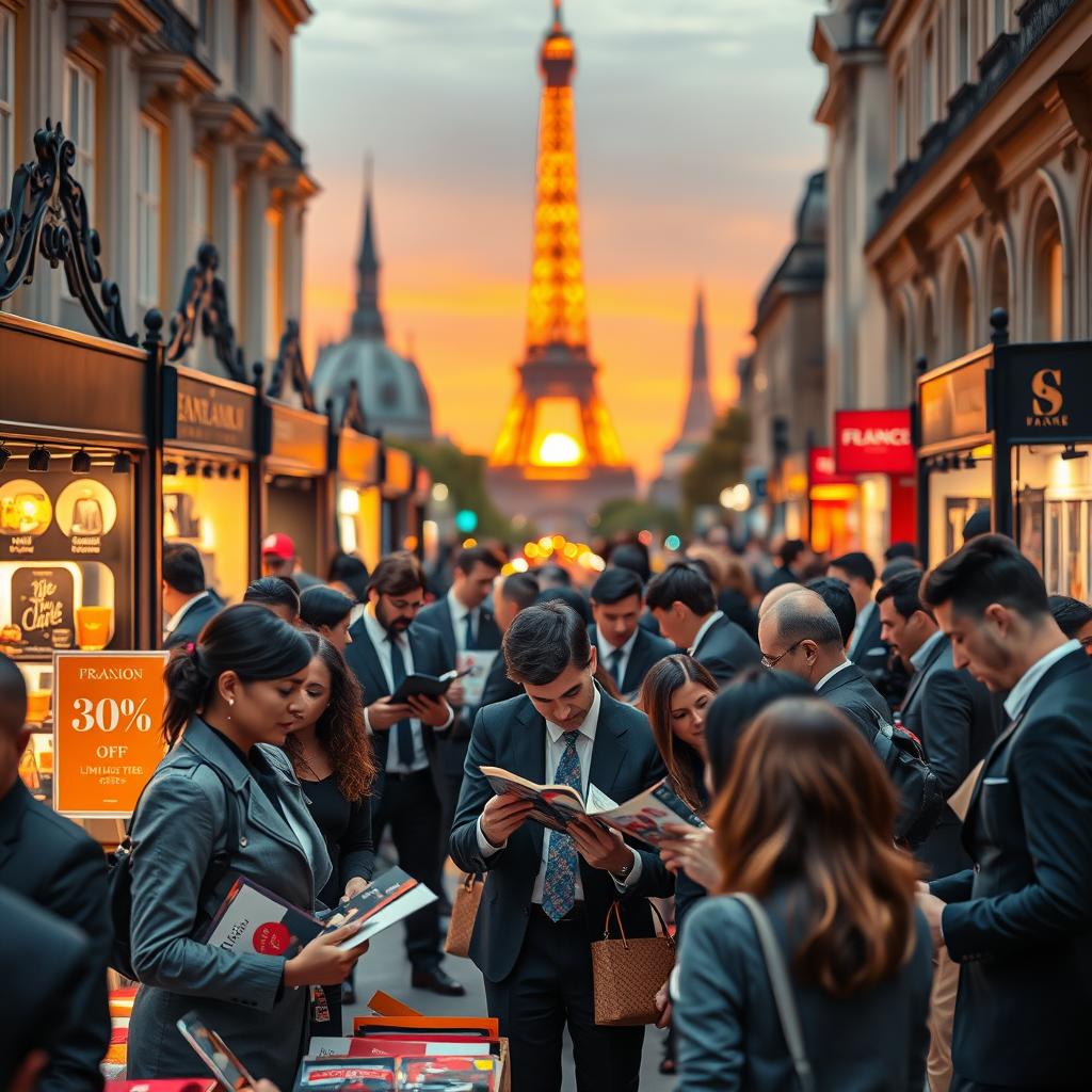 A vibrant marketplace scene showcasing exclusive offers and deals in France. In the foreground, a diverse group of business professionals, dressed in smart business attire, is engaged in lively discussions over promotional brochures and discount signs. The middle ground features elegantly designed stalls displaying various products with bright, eye-catching labels indicating special deals, such as “30% off!” and “Limited Time Offer”. The background reveals famous landmarks of France, subtly illuminated by a golden sunset that casts a warm glow over the scene. The atmosphere is energetic and optimistic, reflecting the excitement of exclusive shopping opportunities, with soft bokeh effects highlighting the bustling environment. Ideal lighting enhances colors, creating a captivating and inviting look.