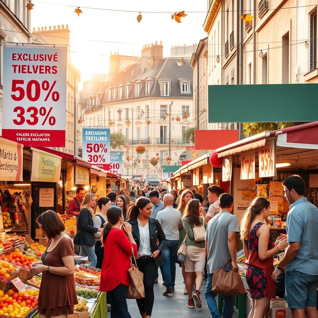 A vibrant outdoor market scene in France during a seasonal event, vividly showcasing exclusive offers and deals. In the foreground, colorful stalls adorned with banners promoting discounts and special deals, featuring fresh produce, handmade crafts, and local specialties. Shoppers, including diverse individuals dressed in smart casual clothing, joyfully browsing items, creating an atmosphere of excitement and community. In the middle ground, a festive atmosphere with string lights overhead and decorations reflecting seasonal themes, such as autumn leaves or spring flowers. The background reveals charming historical buildings typical of French architecture, bathed in warm, golden hour sunlight. The mood is lively and inviting, capturing the essence of unique seasonal events in France.