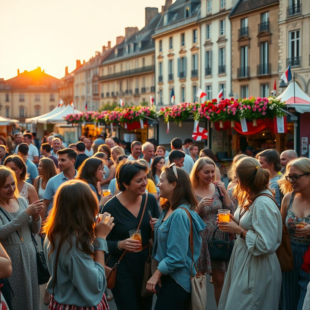 A vibrant scene capturing the essence of festivals in France, showcasing a lively outdoor event. In the foreground, a diverse group of people dressed in modest casual clothing, joyfully engaging with each other, sharing traditional French food and drinks, and enjoying local music. In the middle ground, colorful stalls adorned with flags and flowers, selling handmade crafts and local delicacies, create a festive atmosphere. The background features historic French architecture, with a beautiful sunset casting warm golden light over the scene, enhancing the celebratory mood. Use a wide-angle lens to emphasize the bustling energy of the festival, with soft focus on the surrounding details to draw attention to the joyful interactions in the foreground.