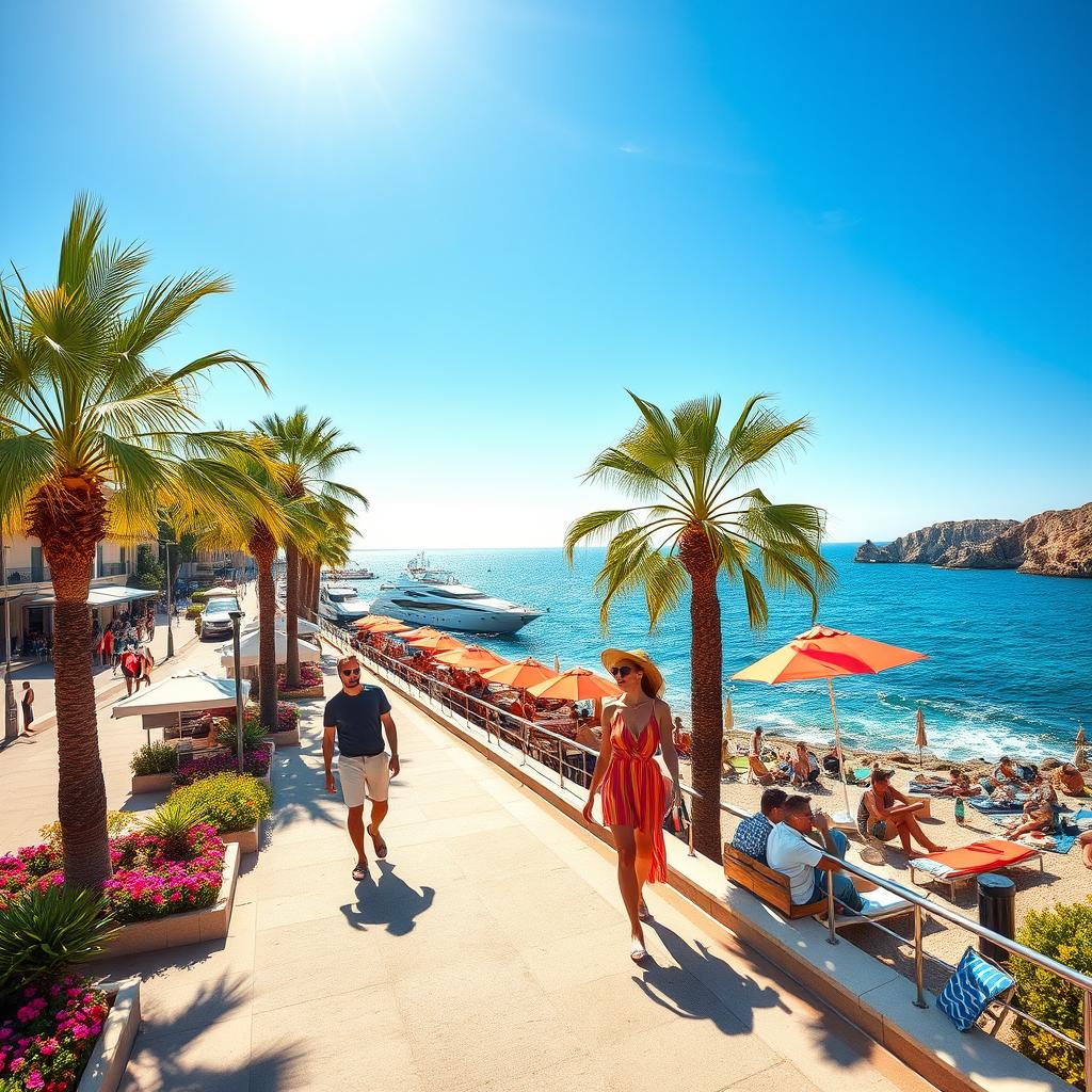A vibrant scene depicting the Côte d'Azur, showcasing glamorous coastal escapades. In the foreground, a couple dressed in stylish summer attire strolls along a sunlit promenade lined with swaying palm trees and colorful flowers. In the middle ground, sunbathers relax on beach towels, while a few people enjoy refreshing drinks at outdoor cafes with vivid umbrellas. The background reveals the sparkling azure sea, dotted with luxury yachts, and a picturesque rocky shoreline under a clear blue sky. Soft, warm sunlight bathes the entire scene, casting playful shadows and creating a relaxed, cheerful atmosphere. The composition employs a wide-angle lens to capture the expansive beauty of this iconic French Riviera destination.