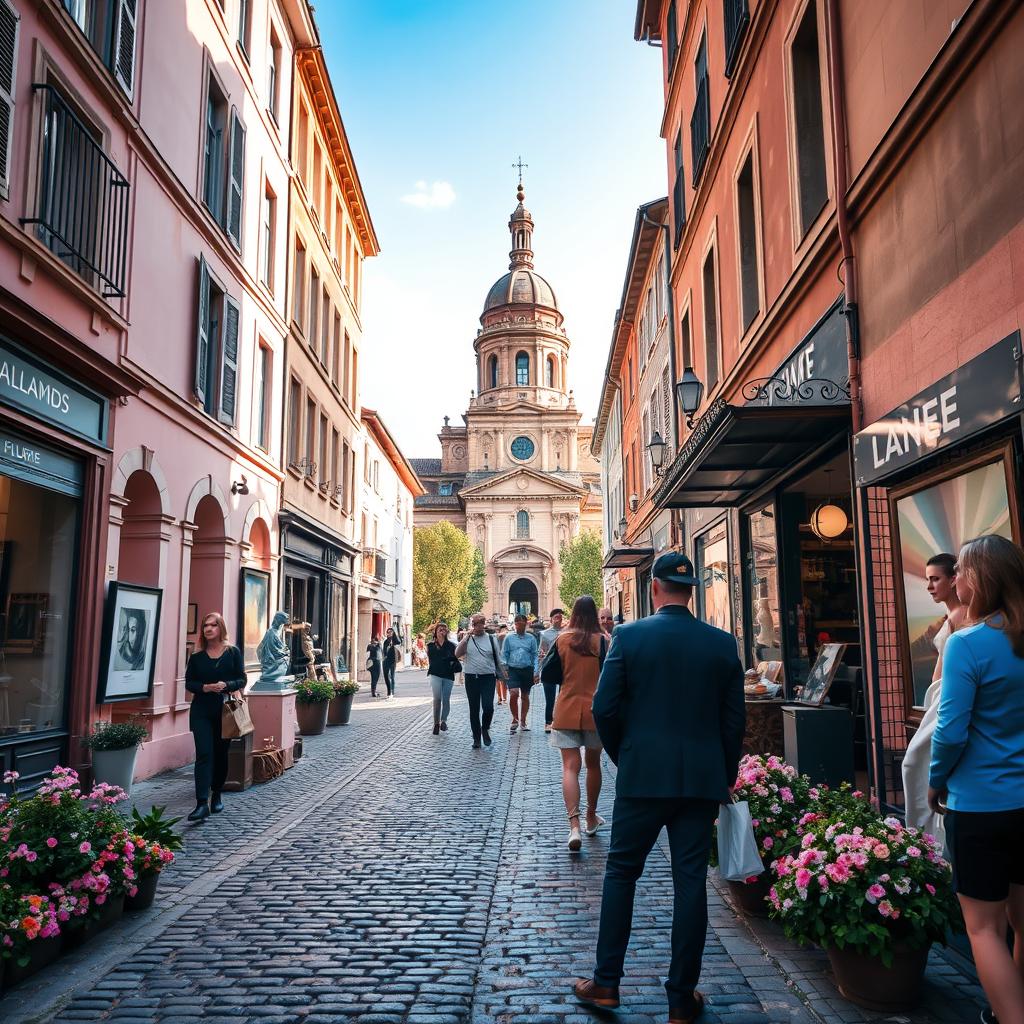 A vibrant street in Toulouse, France, showcasing high-end artistic sites, featuring elegant galleries and boutique art shops. In the foreground, a charming cobblestone pathway lined with blooming flowers and historic buildings painted in soft pink hues, embodying the city's nickname, "La Ville Rose." In the middle ground, visitors dressed in smart casual attire admire sculptures and paintings, reflecting a sophisticated art scene. The background reveals the iconic roof of the Basilica of Saint-Sernin under a clear blue sky, with soft, warm sunlight illuminating the scene, creating a welcoming and inspiring atmosphere. The angle captures a slight upward perspective, enhancing the grandeur of the architecture while maintaining a sense of intimacy in the art exploration experience.