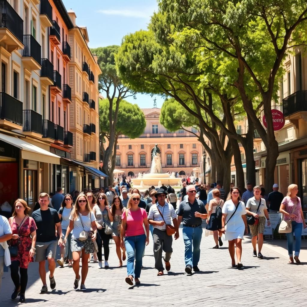 A vibrant street scene in Montpellier, showcasing its lively atmosphere. In the foreground, a diverse group of tourists in casual yet modest clothing are enjoying a sunny day, walking along a picturesque cobblestone street lined with charming cafes and boutiques. In the middle ground, historic architecture, featuring ornate balconies and colorful facades, creates an inviting ambiance. Tall trees provide shade, enhancing the sense of a bustling city square. The background features the iconic Place de la Comédie, with its grand fountain and statue, under a clear blue sky. The lighting should evoke a warm, cheerful afternoon, capturing the essence of a dynamic city. Aim for a slightly elevated angle to offer depth, showcasing both people and architecture harmoniously intertwined.