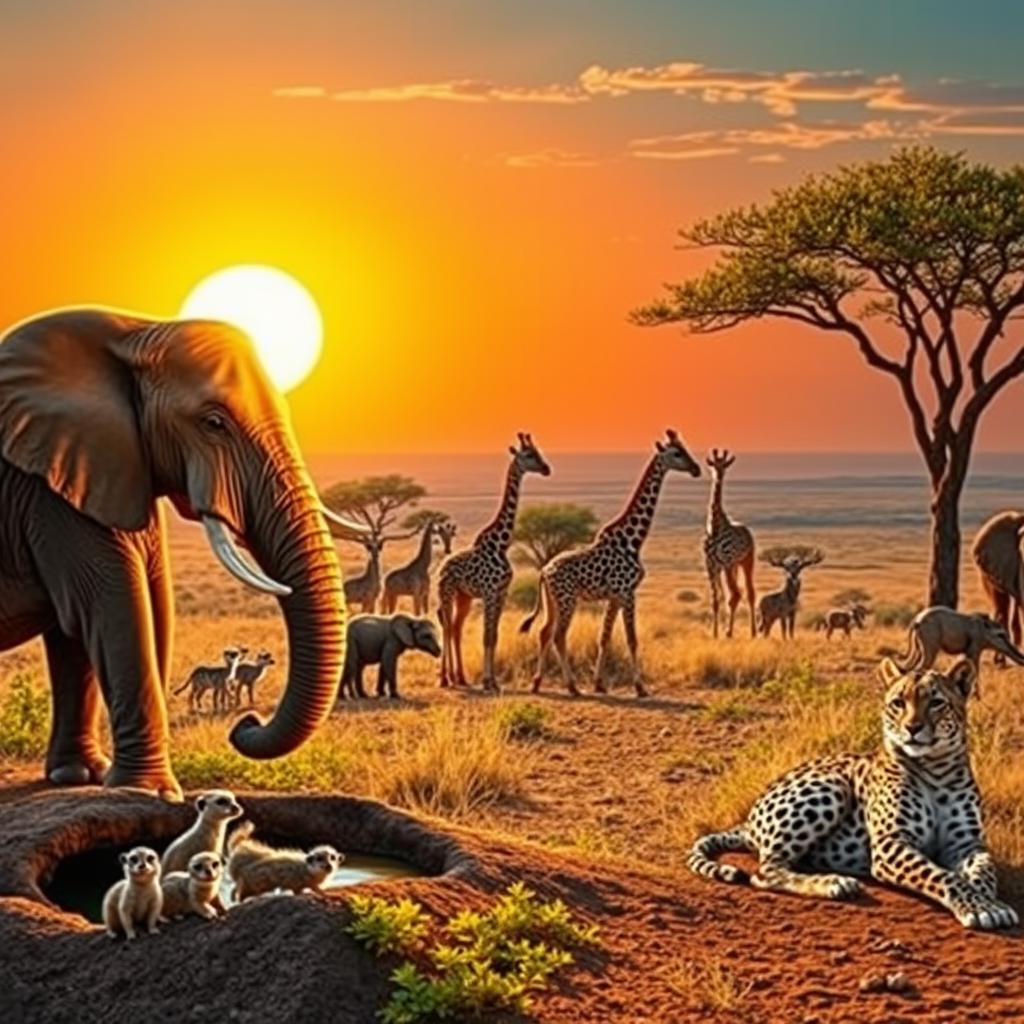 A vibrant wildlife scene depicting iconic animals in their natural habitat. In the foreground, a majestic African elephant stands gracefully near a watering hole, with its textured skin glistening in the golden sunlight. Nearby, a playful family of meerkats peeks out from a burrow, adding a sense of curiosity. The middle ground features a group of graceful giraffes browsing on acacia leaves, their long necks elegantly arched, while a sleek cheetah lounges in the shade, watchful and alert. In the background, the sun sets over a vast savannah, casting a warm, inviting glow that enhances the rich colors of the landscape. The atmosphere is tranquil yet alive, capturing the beauty and diversity of wildlife in a luxury safari context. The scene is shot at a slight angle, using a wide lens to encompass the stunning panorama.