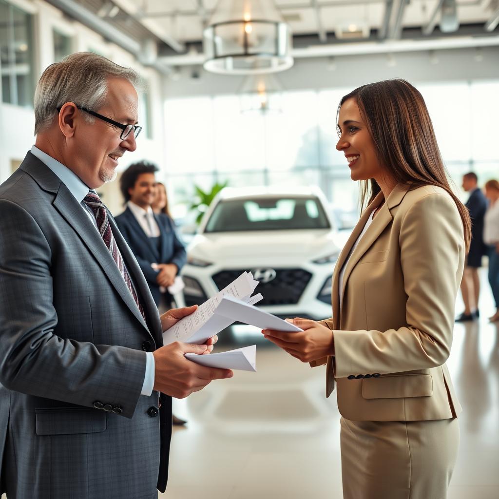 A well-lit, professional setting showcasing a diverse group of satisfied customers discussing their Hyundai financing experiences. In the foreground, a middle-aged man in a sharp suit, reviewing documents with a woman in business attire, both smiling and engaged in conversation. The middle ground features a sleek Hyundai vehicle prominently displayed, symbolizing the financing options available. In the background, an elegant dealership office is visible, adorned with modern decor and large windows allowing natural light to flood in, creating a warm and inviting atmosphere. Capture a sense of trust and professionalism, using soft, diffused lighting to enhance the positive mood of the scene.