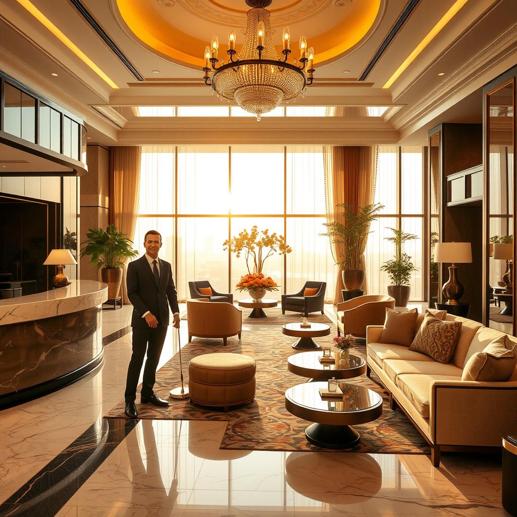 An opulent hotel lobby featuring an elegant reception area with a polished marble counter and a luxurious chandelier casting warm, inviting light. In the foreground, a well-dressed concierge in business attire is warmly greeting guests with an elegant smile. The middle ground displays tasteful, contemporary lounge seating adorned with plush cushions and artisanal coffee tables. An exquisite floral arrangement adds a touch of elegance. In the background, large windows reveal a sun-drenched cityscape, accentuated by golden hour light filtering through sheer curtains, creating a serene atmosphere. The overall mood is one of sophistication and exclusivity, inviting guests to experience premium amenities and exemplary service. Capture this scene using a wide-angle lens to encompass the grandeur of the space.