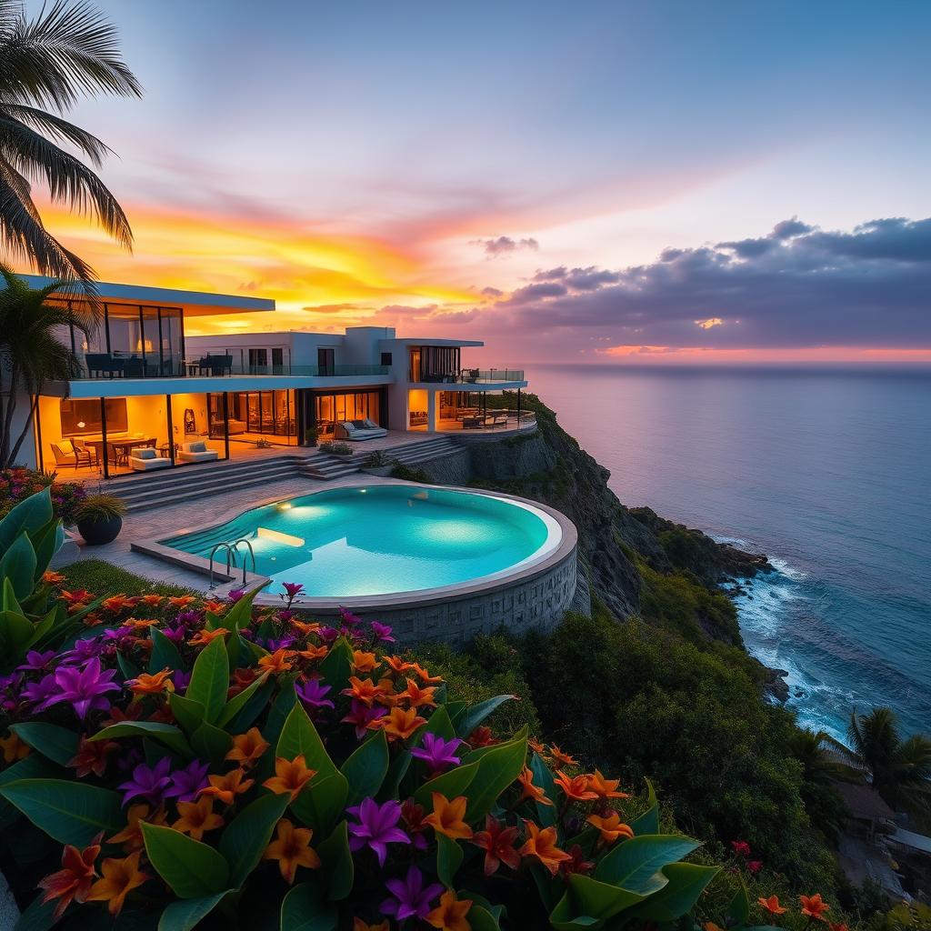 Luxurious celebrity villas, elegantly perched on a cliff overlooking a serene ocean at sunset. The foreground shows a beautifully landscaped garden with vibrant tropical flowers and a sparkling infinity pool reflecting the warm golden light. In the middle, the villa features modern architecture with expansive glass walls, showcasing chic outdoor seating areas and a sunset terrace. The background includes a tranquil coastline adorned with gentle waves and a colorful sky transitioning from orange to deep purple. The atmosphere is tranquil and upscale, invoking a sense of peace and disconnection from the bustling world. Soft, warm lighting highlights the lavish surroundings, while a wide-angle view captures the grandeur of the luxurious retreat, encouraging a sense of escape and relaxation.