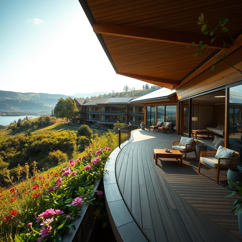 Luxurious eco-friendly hotel nestled in a lush green landscape, showcasing sustainable architecture. In the foreground, an elegantly designed wooden deck with eco-conscious furniture, set against a backdrop of vibrant flowering plants. In the middle ground, the hotel features solar panels on its roof, large windows reflecting nature, and rainwater harvesting systems integrated into the design. The background reveals rolling hills under a clear blue sky, with distant trees and a serene lake reflecting sunlight. Soft, warm lighting creates a cozy and inviting atmosphere, while the angle captures the hotel's harmony with nature. Evoke tranquility and sophistication, showing a perfect blend of luxury and environmental sustainability.