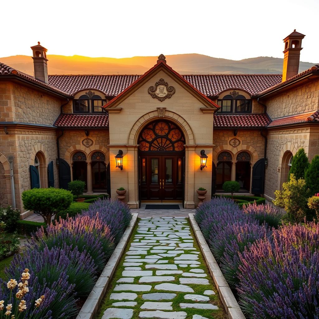 Luxurious historical hotel in Provence, showcasing elegant architecture with classic stone walls and terracotta roofs, set against a backdrop of lush lavender fields under a golden sunset. In the foreground, a beautifully landscaped garden features fragrant flowers and a quaint stone pathway leading to the grand entrance. The middle ground captures a majestic arched doorway adorned with intricate details, while vintage lanterns softly illuminate the scene. In the background, the rolling hills of Provence create a serene atmosphere. The image conveys a sense of tranquility and opulence, evoking a feeling of timeless luxury. Capture the scene with warm, inviting lighting, using a wide-angle lens to emphasize the grandeur and historical charm of the hotel.