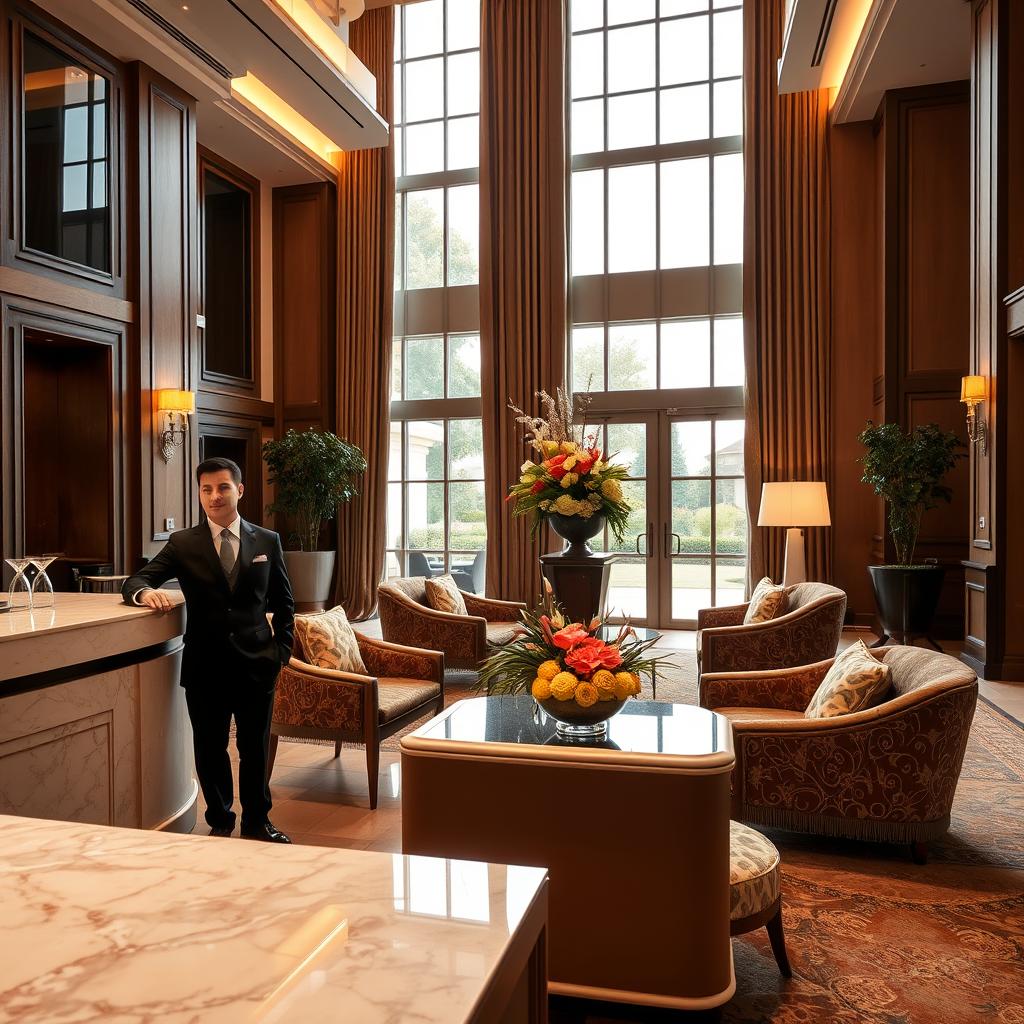 Luxurious hotel lobby in France, showcasing elegant decor with rich upholstery and soft ambient lighting. In the foreground, a polished marble reception desk is staffed by a professional concierge in a tailored uniform, warmly greeting guests. In the middle, plush seating areas adorned with ornate cushions and a striking floral arrangement invite relaxation. The background features tall windows allowing natural light to flood in, revealing a glimpse of manicured gardens outside. The atmosphere is serene and sophisticated, emphasizing high-end hospitality with attention to personalized service. Capture the mood of opulent comfort and the inviting essence of a premium customer experience, using a wide-angle lens to highlight the space's grandeur.