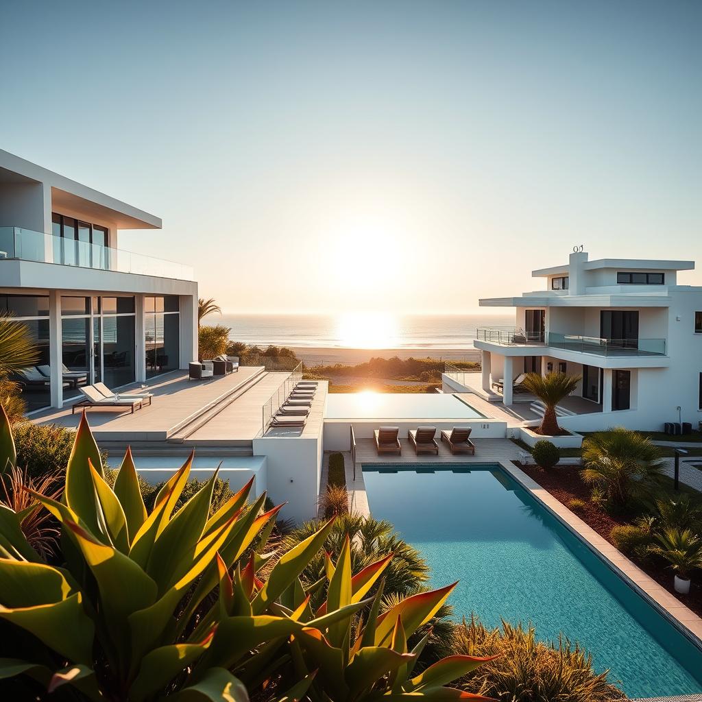 Luxury beachfront villas in France, showcasing elegant architecture with large panoramic windows and spacious terraces, adorned with stylish outdoor furniture. In the foreground, a beautifully landscaped garden features vibrant tropical plants and a serene infinity pool reflecting the clear blue sky. The middle ground highlights the villas with bright white facades and sleek modern designs, seamlessly blending with natural elements. In the background, gentle waves caress the sandy shore under a radiant sunset, casting golden hues across the scene. Soft, warm lighting enhances the inviting atmosphere, creating a tranquil and opulent mood. The angle captures the splendor of the villas against the breathtaking seaside view, emphasizing their unique features and luxurious amenities.