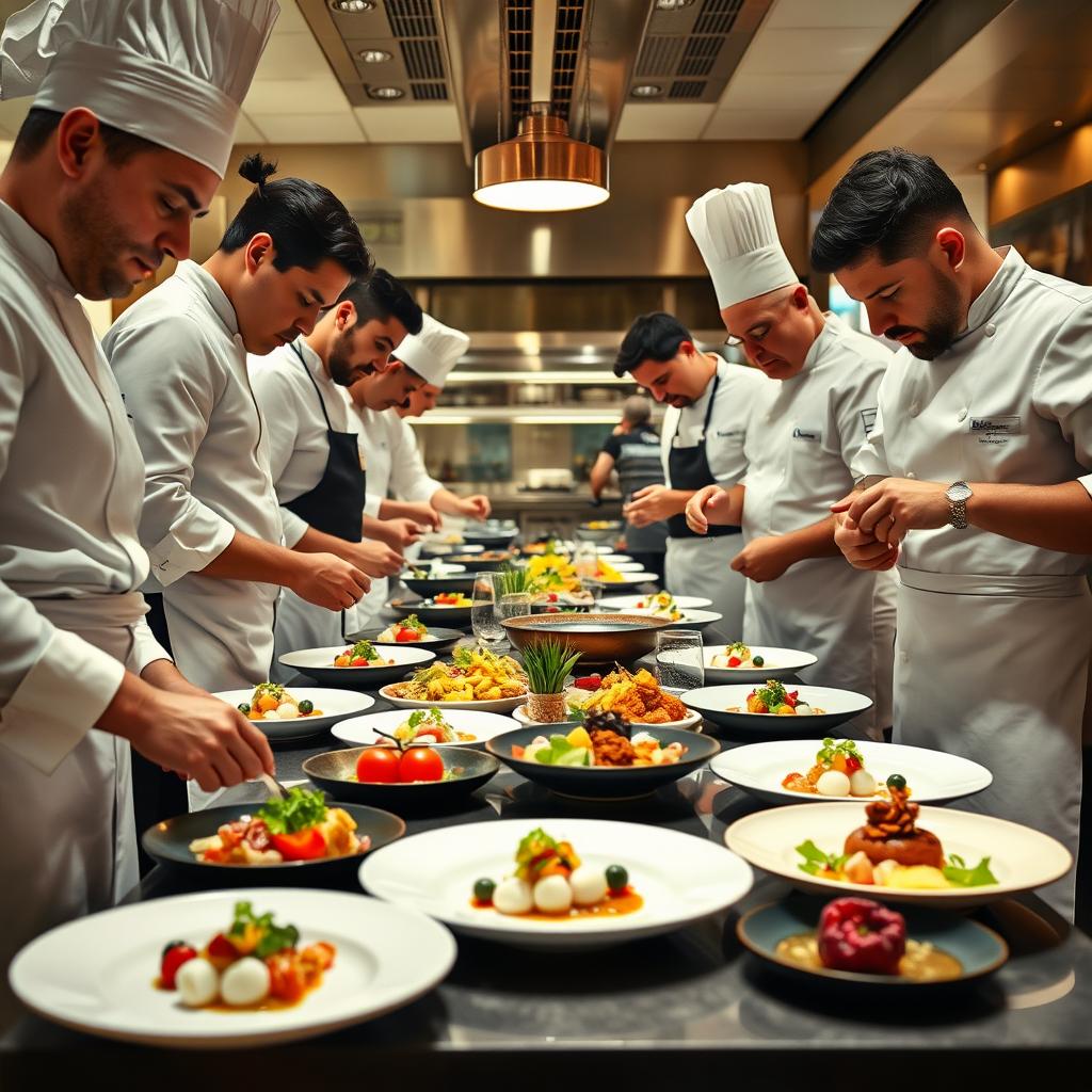 Renowned chefs in Michelin-starred restaurants, showcasing their culinary mastery in a vibrant kitchen setting. In the foreground, a diverse group of chefs dressed in elegant white uniforms and aprons, focused on intricate dishes, each showcasing unique culinary techniques. The middle ground features a beautifully arranged table with gourmet plates, detailed garnishes, and vibrant ingredients, emitting an air of sophistication. The background showcases the bright, modern kitchen with high-end equipment and colorful fresh produce. The lighting is warm and inviting, emphasizing the chefs' dedication and passion for their craft. The atmosphere is dynamic yet professional, reflecting the prestige of luxury dining experiences.