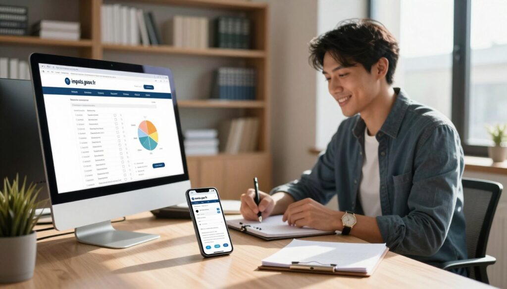 A cozy yet professional office setting, illustrating digital resources related to tax declaration on impots.gouv.fr. In the foreground, a computer screen displaying a detailed interface of the website with graphs and checklists. A smartphone rests nearby, showcasing a mobile app version of the site. In the middle ground, a smiling professional individual, dressed in smart casual attire, is engaging with the digital tools, taking notes. The background features bookshelves filled with tax manuals and a large window allowing natural light to seep in, creating a warm and inviting atmosphere. Soft shadows are cast over the scene, emphasizing a focused and organized workspace, encouraging viewers to explore available resources for tax declaration.