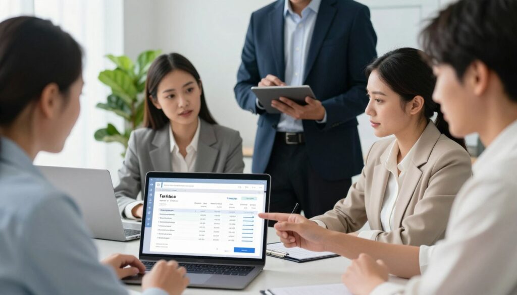 A diverse group of professionals in a bright, modern office setting, collaborating over digital devices while reviewing electronic invoices. In the foreground, a laptop displays a clear electronic invoice, with graphs and data visible on the screen. In the middle, two businesswomen in professional attire discuss the invoice, pointing at the screen with focused expressions. A man in a sharp suit stands nearby, holding a tablet and providing insights. The background features a light-filled space with green plants and a minimalist design, conveying an atmosphere of innovation and efficiency. Soft, natural lighting enhances the clarity of the scene, suggesting a sense of professionalism and organization. The angle is slightly elevated, providing a comprehensive view of the collaborative effort. A diverse group of professionals in a bright, modern office setting, collaborating over digital devices while reviewing electronic invoices. In the foreground, a laptop displays a clear electronic invoice, with graphs and data visible on the screen. In the middle, two businesswomen in professional attire discuss the invoice, pointing at the screen with focused expressions. A man in a sharp suit stands nearby, holding a tablet and providing insights. The background features a light-filled space with green plants and a minimalist design, conveying an atmosphere of innovation and efficiency. Soft, natural lighting enhances the clarity of the scene, suggesting a sense of professionalism and organization. The angle is slightly elevated, providing a comprehensive view of the collaborative effort.