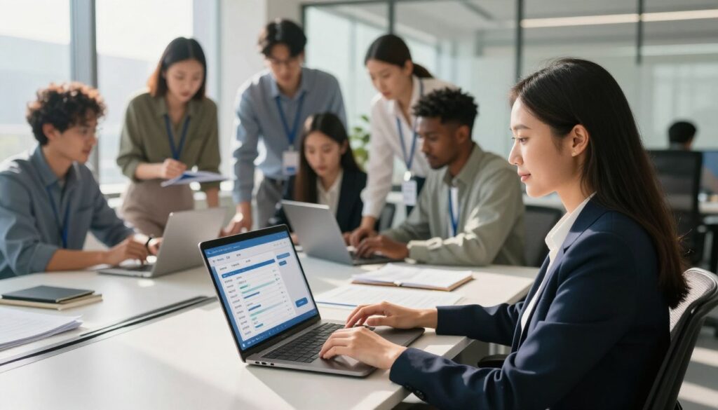A dynamic office scene depicting a professional business environment focused on electronic invoicing solutions. In the foreground, a confident businesswoman in smart attire is seated at a sleek desk, engaging with a laptop displaying a digital billing interface. The middle ground features a diverse team of professionals collaborating over documents and tablets, showcasing teamwork and technological innovation. The background reveals a modern office setting with large windows letting in natural light, casting soft shadows that create a warm atmosphere. The color palette should incorporate blues and greens to evoke trust and efficiency. Use a wide-angle lens to capture the entire scene and enhance the sense of motion and urgency. The overall mood should be one of productivity and success, illustrating practical business solutions. A dynamic office scene depicting a professional business environment focused on electronic invoicing solutions. In the foreground, a confident businesswoman in smart attire is seated at a sleek desk, engaging with a laptop displaying a digital billing interface. The middle ground features a diverse team of professionals collaborating over documents and tablets, showcasing teamwork and technological innovation. The background reveals a modern office setting with large windows letting in natural light, casting soft shadows that create a warm atmosphere. The color palette should incorporate blues and greens to evoke trust and efficiency. Use a wide-angle lens to capture the entire scene and enhance the sense of motion and urgency. The overall mood should be one of productivity and success, illustrating practical business solutions.