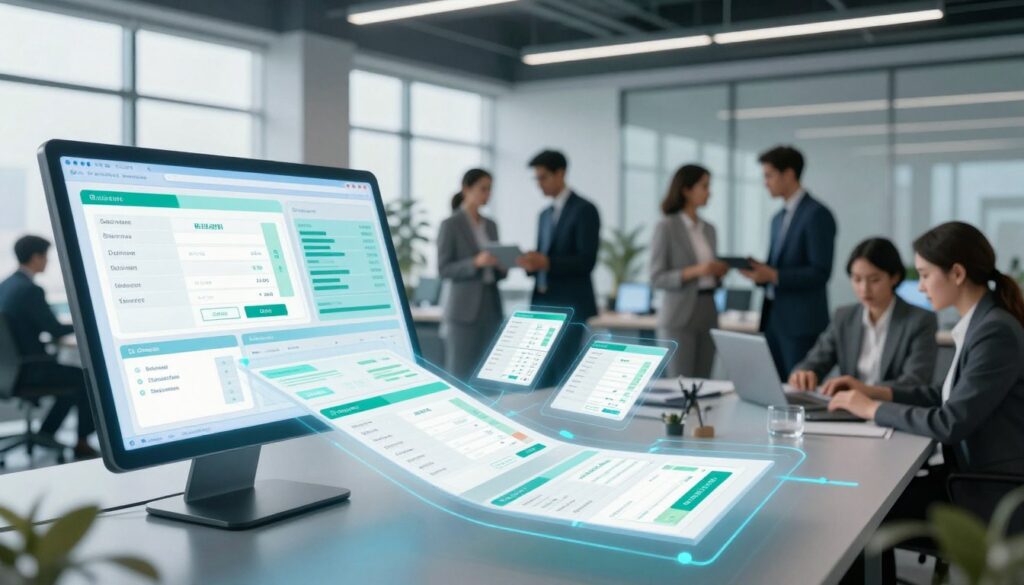 A futuristic digital billing system illustrated with sleek, interconnected interfaces representing electronic invoices flowing seamlessly in a high-tech office environment. In the foreground, a large, transparent touchscreen displays colorful graphs and analytic data on billing trends. In the middle ground, a diverse group of professionals in business attire interacts with digital devices, sharing insights and collaborating. The background features a modern office layout with large windows allowing soft, natural light to flood the space, enhancing the sense of openness and innovation. The atmosphere is dynamic and forward-looking, with a cool color palette of blues and greens, conveying a sense of progression and technological advancement in digital billing.