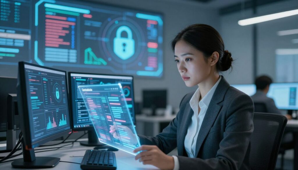 A futuristic office environment focused on cybersecurity and electronic invoicing risks. In the foreground, a professional woman in business attire is analyzing digital data on a holographic screen, her expression serious and focused. In the middle ground, a sleek workstation with multiple monitors displays graphs and security alerts regarding electronic invoicing. The background features a large digital wall with the representation of cybersecurity threats, like hacking attempts and data breaches, illustrated as abstract, vibrant, and dynamic visuals. Soft, cool lighting illuminates the scene, creating a high-tech atmosphere. The lens is set for a slight depth of field, emphasizing the woman’s concentrated gaze while blurring the background elements. The overall mood conveys urgency and diligence in addressing the risks associated with electronic billing, highlighting the importance of information security.