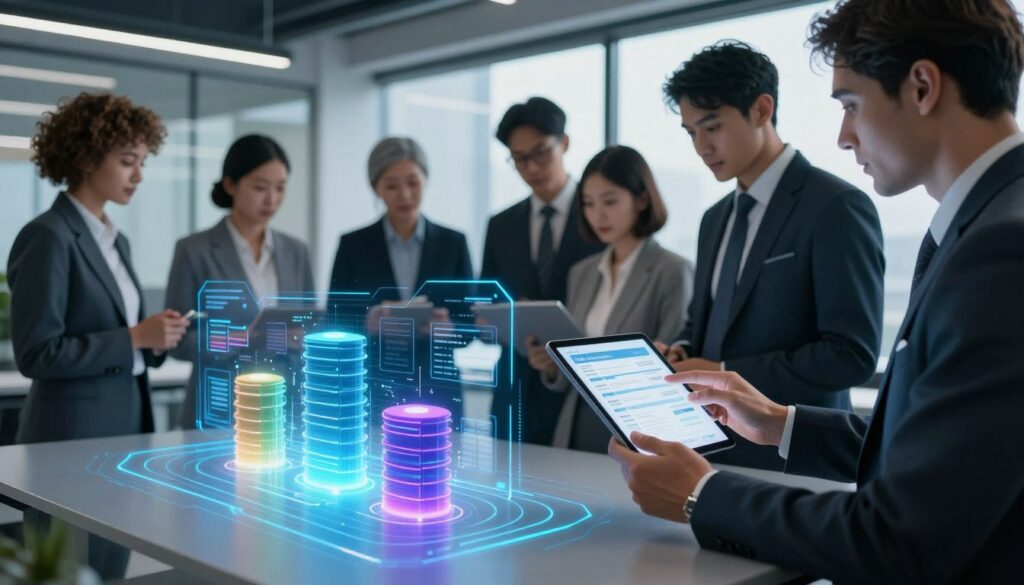A futuristic office environment focused on digital storage solutions for electronic invoices. In the foreground, a sleek, holographic interface displays graphical representations of digital storage systems, with vibrant colors and glowing data streams. In the middle ground, a diverse group of professionals in smart business attire are engaged in a collaborative discussion, examining digital tablets and screens showing invoice data. The background features modern office architecture with large windows, allowing natural light to flood the space, enhancing the innovative atmosphere. The scene conveys a sense of efficiency and forward-thinking, with a cool color palette of blues and silvers. Soft, focused lighting accentuates the technology and the engaged expressions of the professionals, symbolizing the future of digital storage and electronic invoicing.