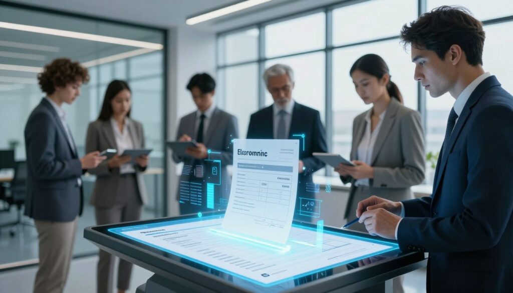 A futuristic office environment portraying the concept of electronic invoicing and archiving. In the foreground, a sleek touchscreen interface displays digital invoices, with glowing holographic elements projecting 3D graphs and documents hovering above it. The middle ground features a diverse team of professionals in smart business attire, focused on collaborative discussions while analyzing data on tablets and screens. The background reveals modern architecture with large windows, allowing natural light to flood the space, reflecting a vibrant and innovative atmosphere. Incorporate soft, cool lighting to enhance the tech-savvy mood, with a slight blur in the background to focus on the forefront activity. The overall composition should evoke a sense of progress and efficiency in the realm of electronic transactions and record-keeping.