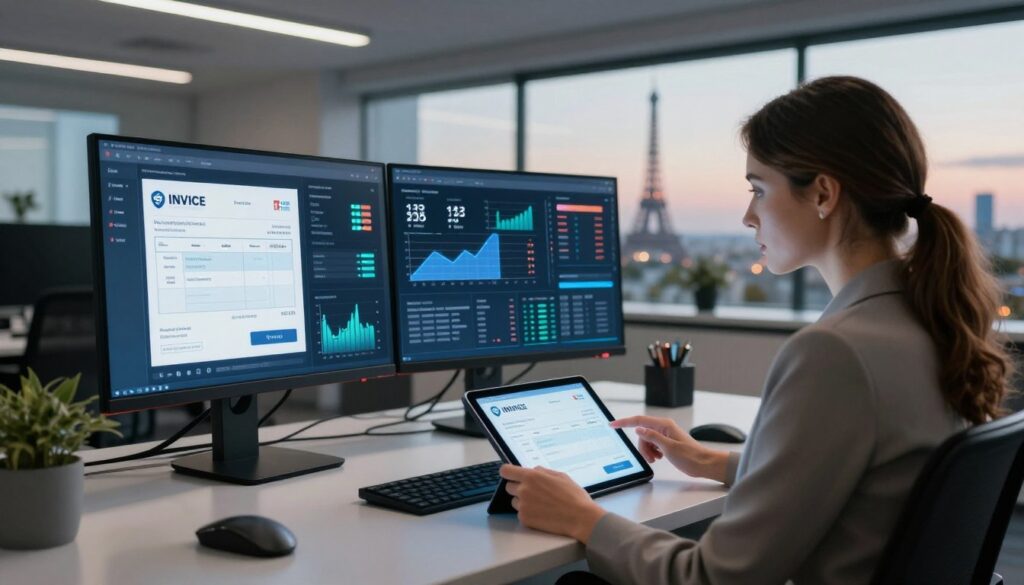 A futuristic office setting in France, showcasing a digital workspace where an electronic invoice is being verified on multiple screens. In the foreground, a professional businesswoman wearing smart attire is engaged in analyzing data on a sleek tablet. The middle ground features a high-tech monitor displaying detailed graphs and glowing numbers related to electronic invoicing analytics. The background highlights a panoramic view of Paris with the Eiffel Tower, symbolizing progress and innovation. Soft, ambient lighting creates a modern atmosphere, while a wide-angle perspective allows for an expansive view of the office and the city. The scene conveys a sense of efficiency and advancement in electronic billing technology.
