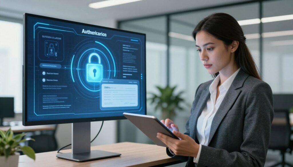 A futuristic office setting showcasing electronic authentication processes. In the foreground, a confident professional woman in business attire is examining a digital invoice on a sleek tablet, her expression focused and determined. In the middle ground, a wall-mounted screen displays a secure electronic signature interface, illustrating the authentication process and showing dynamic digital graphics with animated locks and secure seals. The background features a modern office with glass partitions, soft natural light streaming through, and potted plants adding a touch of greenery. The overall mood conveys a sense of security, professionalism, and innovation, with a cool color palette of blues and grays, representing technology and trust. The image is captured from a slight angle to provide depth, emphasizing the interaction between the professional and technology. A futuristic office setting showcasing electronic authentication processes. In the foreground, a confident professional woman in business attire is examining a digital invoice on a sleek tablet, her expression focused and determined. In the middle ground, a wall-mounted screen displays a secure electronic signature interface, illustrating the authentication process and showing dynamic digital graphics with animated locks and secure seals. The background features a modern office with glass partitions, soft natural light streaming through, and potted plants adding a touch of greenery. The overall mood conveys a sense of security, professionalism, and innovation, with a cool color palette of blues and grays, representing technology and trust. The image is captured from a slight angle to provide depth, emphasizing the interaction between the professional and technology.