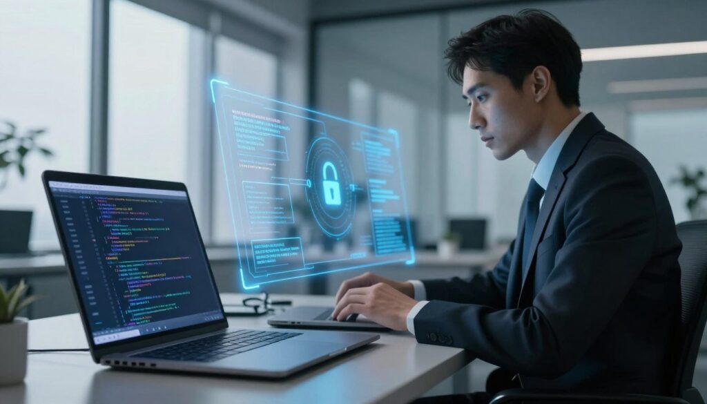 A futuristic office setting showcasing the concept of data encryption. In the foreground, a sleek, modern laptop displays intricate code cascading down the screen, illuminated by a soft, ambient blue light. In the middle ground, a professional individual in business attire, focused and intent, sits at a desk, meticulously reviewing encrypted data on the screen. Behind them, a transparent digital interface floats, revealing graphic representations of locked data files and encryption algorithms, subtly glowing. The background features a high-tech office space with large windows, softly diffusing natural daylight, creating a serene yet productive atmosphere. The overall mood is one of professionalism and security, emphasizing the importance of choosing secure invoicing software.