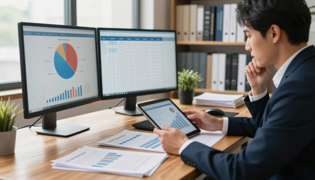 A meticulous office setting focused on financial management, featuring a polished wooden desk overflowing with neatly organized financial documents and digital devices displaying graphs of revenue trends. In the foreground, a well-dressed professional (male or female) in business attire examines a tablet, looking contemplative. In the middle ground, a wall-mounted screen showcases a pie chart and a checklist of common financial mistakes, emphasizing clarity and organization. The background reveals shelves lined with books about finance and planning, bathed in warm, natural light coming from a large window, creating an inviting and productive atmosphere. The overall mood is serious yet optimistic, highlighting the importance of careful financial planning for businesses while avoiding common pitfalls. A meticulous office setting focused on financial management, featuring a polished wooden desk overflowing with neatly organized financial documents and digital devices displaying graphs of revenue trends. In the foreground, a well-dressed professional (male or female) in business attire examines a tablet, looking contemplative. In the middle ground, a wall-mounted screen showcases a pie chart and a checklist of common financial mistakes, emphasizing clarity and organization. The background reveals shelves lined with books about finance and planning, bathed in warm, natural light coming from a large window, creating an inviting and productive atmosphere. The overall mood is serious yet optimistic, highlighting the importance of careful financial planning for businesses while avoiding common pitfalls.