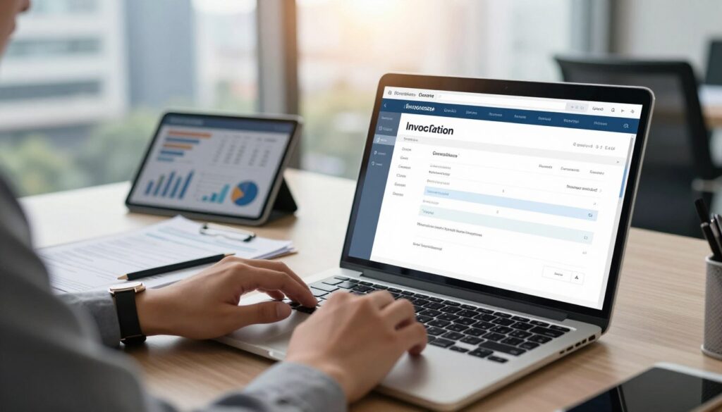 A modern and sleek office environment featuring a professional business individual working on a laptop with an open online invoicing software. In the foreground, focus on the laptop screen displaying a user-friendly interface that highlights functions like invoice creation and data management. In the middle ground, include a desk cluttered with paperwork and a digital tablet showing charts and analytics. In the background, a window reveals a bright and sunny cityscape, suggesting productivity and efficiency. Use soft, natural lighting to create a warm and inviting atmosphere, emphasizing the theme of organization and optimization. Capture a shallow depth of field to direct attention to the software on the laptop, ensuring the scene feels focused and professional.