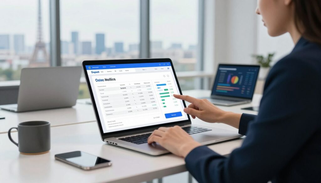 A modern digital billing solution in action within a sleek office environment. In the foreground, a professional businessperson, wearing a smart casual outfit, is interacting with an innovative touchscreen interface displaying electronic invoices and charts. In the middle, a stylish desk with high-tech gadgets and a laptop shows graphs of financial savings and efficiency. The background features floor-to-ceiling windows with a view of the Paris skyline, symbolizing success in France. The lighting is bright and natural, creating a positive and motivating atmosphere. The angle captures the dynamism of the workspace, emphasizing technology and productivity. The overall mood is professional, optimistic, and forward-thinking, reflecting the advantages of online billing solutions. A modern digital billing solution in action within a sleek office environment. In the foreground, a professional businessperson, wearing a smart casual outfit, is interacting with an innovative touchscreen interface displaying electronic invoices and charts. In the middle, a stylish desk with high-tech gadgets and a laptop shows graphs of financial savings and efficiency. The background features floor-to-ceiling windows with a view of the Paris skyline, symbolizing success in France. The lighting is bright and natural, creating a positive and motivating atmosphere. The angle captures the dynamism of the workspace, emphasizing technology and productivity. The overall mood is professional, optimistic, and forward-thinking, reflecting the advantages of online billing solutions.