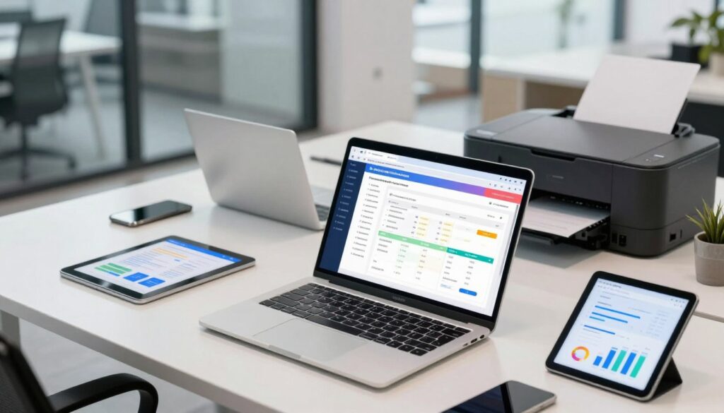 A modern, digital workspace showcasing electronic invoicing solutions. In the foreground, a sleek laptop displays a colorful dashboard with digital invoices and charts, symbolizing efficient management. Beside it, a smart tablet shows animated graphs. In the middle ground, a well-organized desk with scattered digital devices, such as a smartphone and a printer, displays a clean, professional aesthetic. The background features a soft-lit office environment with glass walls, plants, and minimalistic furniture that conveys a sense of innovation and professionalism. The scene is illuminated by natural light streaming through windows, creating a bright and optimistic atmosphere. The image is angled slightly from above, providing a comprehensive view of the workspace. A modern, digital workspace showcasing electronic invoicing solutions. In the foreground, a sleek laptop displays a colorful dashboard with digital invoices and charts, symbolizing efficient management. Beside it, a smart tablet shows animated graphs. In the middle ground, a well-organized desk with scattered digital devices, such as a smartphone and a printer, displays a clean, professional aesthetic. The background features a soft-lit office environment with glass walls, plants, and minimalistic furniture that conveys a sense of innovation and professionalism. The scene is illuminated by natural light streaming through windows, creating a bright and optimistic atmosphere. The image is angled slightly from above, providing a comprehensive view of the workspace.