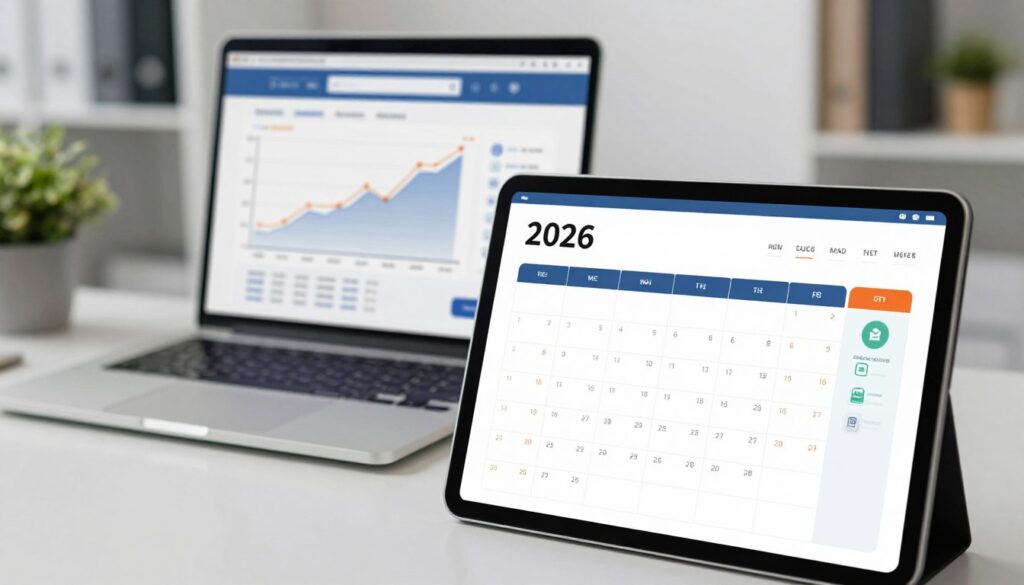 A modern electronic invoice compliance calendar set against a clean, professional office backdrop. In the foreground, a digital calendar showing the year 2026 with important dates highlighted, featuring icons representing compliance milestones and deadlines. In the middle layer, a sleek laptop displays a graph illustrating the transition to electronic invoicing. The background includes subtle hints of office elements like bookshelves and plants, giving a sense of an organized workspace. Soft, diffused lighting enhances the clear and focused atmosphere, conveying a sense of urgency and professionalism. The composition is shot with a slight overhead angle to emphasize both the calendar and the technological aspect, capturing the essential timing for compliance implementation.