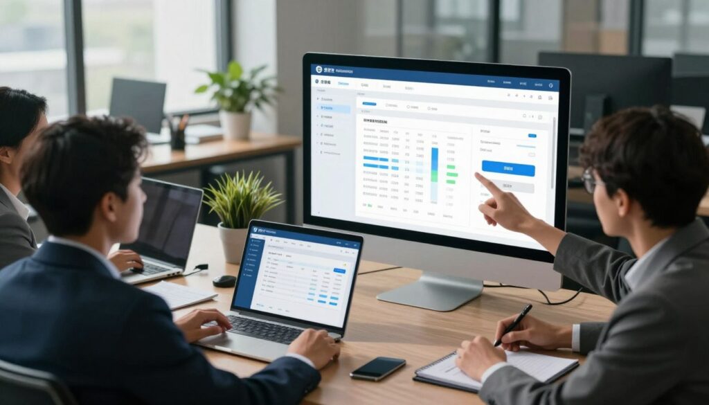 A modern electronic invoicing platform in a sleek office environment, showcasing a well-organized digital interface with graphs and metrics on a large screen. Foreground features a diverse group of professional individuals in business attire, engaged in a collaborative discussion, with their hands pointing towards the screen. In the middle ground, there are desks with laptops, invoices in digital format displayed, and plants for a touch of green. The background shows large windows letting in natural light, casting subtle shadows and creating an airy atmosphere. The mood is focused and productive, illustrating efficiency and innovation in business practices. Soft, ambient lighting enhances the professionalism of the scene, captured from a slightly elevated angle to provide depth.