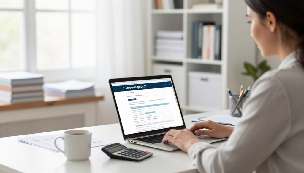 A modern home office setting, designed for online tax declaration, focusing on a clean desk with a laptop displaying the Impots.gouv.fr website. In the foreground, a professional woman dressed in business casual attire is intently working on her tax declaration, with papers, a calculator, and a cup of coffee nearby. In the middle, a soft-focus bookshelf filled with organized tax documents and financial books creates an organized atmosphere. The background features a bright window allowing natural light to flood the room, casting a gentle glow on the workspace. The mood conveys focus and efficiency, highlighting the practical nature of personal income declaration in a serene, motivational environment. A modern home office setting, designed for online tax declaration, focusing on a clean desk with a laptop displaying the Impots.gouv.fr website. In the foreground, a professional woman dressed in business casual attire is intently working on her tax declaration, with papers, a calculator, and a cup of coffee nearby. In the middle, a soft-focus bookshelf filled with organized tax documents and financial books creates an organized atmosphere. The background features a bright window allowing natural light to flood the room, casting a gentle glow on the workspace. The mood conveys focus and efficiency, highlighting the practical nature of personal income declaration in a serene, motivational environment.