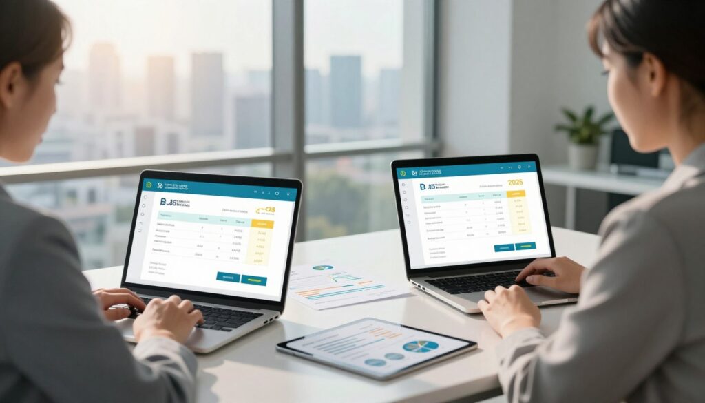 A modern office environment depicting a digital electronic invoice process. In the foreground, a professional woman in business attire, focused on a laptop displaying a colorful electronic invoice interface. In the middle ground, documents and invoices are artfully arranged on a clean desk, alongside a sleek tablet showing graphs and statistics. The background features a large window with a city skyline view, bathed in warm morning light that casts soft shadows across the room. A soothing atmosphere is emphasized by soft blue-green hues, suggesting a sense of efficiency and clarity. The angle captures the dynamic interaction between technology and business, highlighting the mandatory nature of electronic invoicing by 2026.