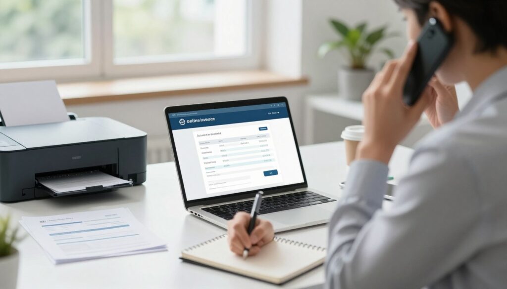 A modern office environment featuring a clean, stylish desk with a laptop displaying an online invoicing software interface. In the foreground, a business professional in smart attire is engaged in a conversation over the phone, discussing invoice details while taking notes on a notepad. In the middle ground, there are documents and a printer, emphasizing efficiency in electronic invoicing. The background includes large windows with natural light streaming in, creating a bright and inviting atmosphere. Subtle elements like a coffee cup and potted plants add to the professional ambiance. The overall mood conveys productivity, organization, and the importance of choosing the right electronic invoicing software. The image is well-lit, with a focus on clarity and professionalism, framed with a slight depth of field for a dynamic yet clean composition.
