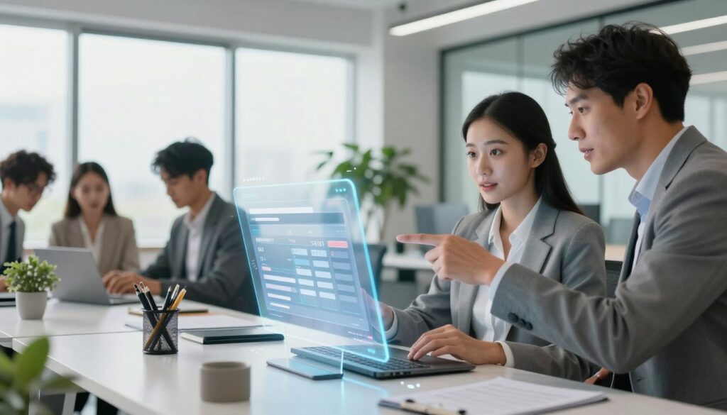 A modern office environment featuring a diverse group of professionals collaborating around a sleek, digital workspace. In the foreground, a confident woman in professional attire analyzes virtual invoices displayed on a transparent screen, while a man beside her points at the data with an engaging expression. In the middle, holographic elements of invoices are floating in the air, illustrating the concept of dematerialization. The background shows a bright, airy office with large windows, plants, and minimalistic furniture, creating an atmosphere of innovation and efficiency. Soft, natural light floods the scene, accentuating the futuristic technology. The focus is on the seamless integration of electronic processes in a business setting, highlighting simplicity and modernization. A modern office environment featuring a diverse group of professionals collaborating around a sleek, digital workspace. In the foreground, a confident woman in professional attire analyzes virtual invoices displayed on a transparent screen, while a man beside her points at the data with an engaging expression. In the middle, holographic elements of invoices are floating in the air, illustrating the concept of dematerialization. The background shows a bright, airy office with large windows, plants, and minimalistic furniture, creating an atmosphere of innovation and efficiency. Soft, natural light floods the scene, accentuating the futuristic technology. The focus is on the seamless integration of electronic processes in a business setting, highlighting simplicity and modernization.