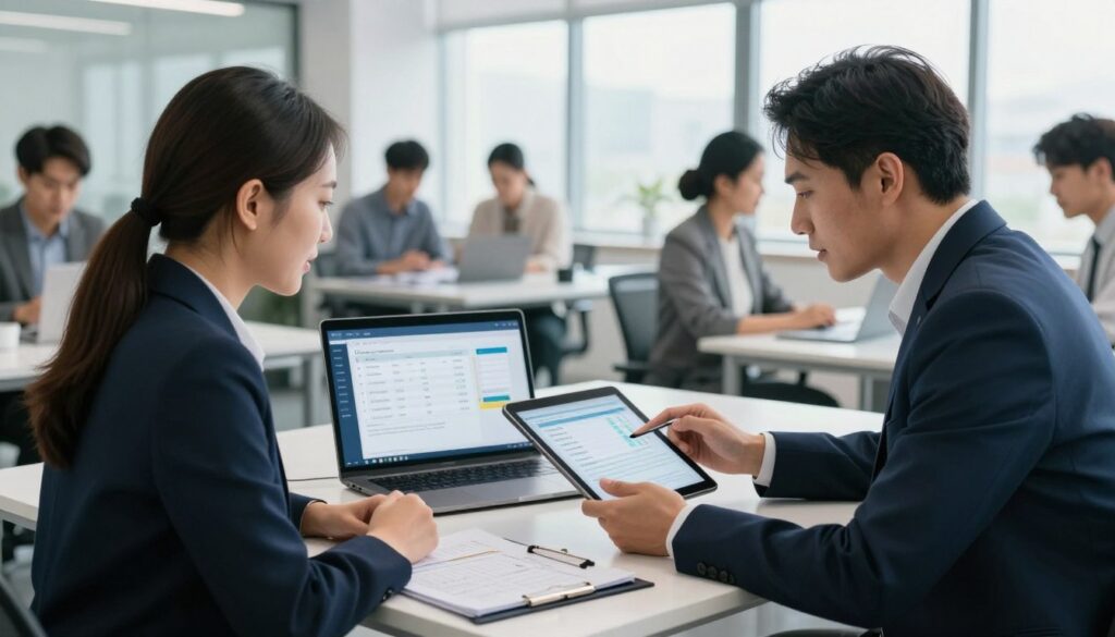 A modern office environment featuring a diverse group of professionals, focused on electronic invoice management. In the foreground, two colleagues—one is a woman in smart business attire, and the other is a man in a neat business suit—are engaged in a discussion while examining digital documents on a tablet. The middle ground showcases a sleek desk with a laptop displaying graphs and electronic invoices, surrounded by clear folders of paperwork. The background displays a bright office space with large windows, allowing natural light to flood in, creating a lively atmosphere. Soft shadows enhance the scene, emphasizing the professionals' intent expressions. The overall mood is collaborative and efficient, reflecting a seamless integration of electronic invoicing systems within the workplace.