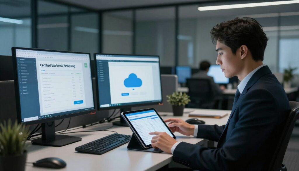 A modern office environment featuring a sleek digital workspace filled with various electronic devices. In the foreground, a confident business professional in business attire is seated at a desk, intently reviewing electronic invoices on a tablet. The middle layer includes a large computer screen displaying a secure cloud storage interface labeled “Certified Electronic Archiving.” In the background, glass partitions separate additional workstations, dimly lit with ambient lighting that creates a productive and introspective atmosphere. The overall mood conveys professionalism and advancement in technology, highlighting the efficiency of digital processes. The scene captures the essence of secure electronic invoicing and archiving in a corporate setting, emphasizing innovation and trust. A modern office environment featuring a sleek digital workspace filled with various electronic devices. In the foreground, a confident business professional in business attire is seated at a desk, intently reviewing electronic invoices on a tablet. The middle layer includes a large computer screen displaying a secure cloud storage interface labeled “Certified Electronic Archiving.” In the background, glass partitions separate additional workstations, dimly lit with ambient lighting that creates a productive and introspective atmosphere. The overall mood conveys professionalism and advancement in technology, highlighting the efficiency of digital processes. The scene captures the essence of secure electronic invoicing and archiving in a corporate setting, emphasizing innovation and trust.