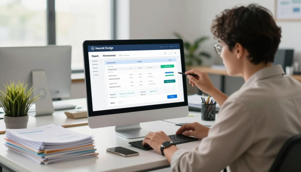 A modern office environment focused on electronic invoicing and dispute management. In the foreground, a business professional in smart attire confidently analyzing data on a large digital screen displaying various invoices and graphs. The middle ground includes a sleek desk with a laptop, piles of organized documents, and a plant to add a touch of greenery. In the background, a bright window lets in natural light, creating an open and inviting atmosphere. The lighting is warm, enhancing the productivity vibe. The overall mood is efficient and focused, illustrating the automation of billing processes while integrating conflict resolution within a digital framework. The angle captures the scene from a slight elevation for a comprehensive view. A modern office environment focused on electronic invoicing and dispute management. In the foreground, a business professional in smart attire confidently analyzing data on a large digital screen displaying various invoices and graphs. The middle ground includes a sleek desk with a laptop, piles of organized documents, and a plant to add a touch of greenery. In the background, a bright window lets in natural light, creating an open and inviting atmosphere. The lighting is warm, enhancing the productivity vibe. The overall mood is efficient and focused, illustrating the automation of billing processes while integrating conflict resolution within a digital framework. The angle captures the scene from a slight elevation for a comprehensive view.